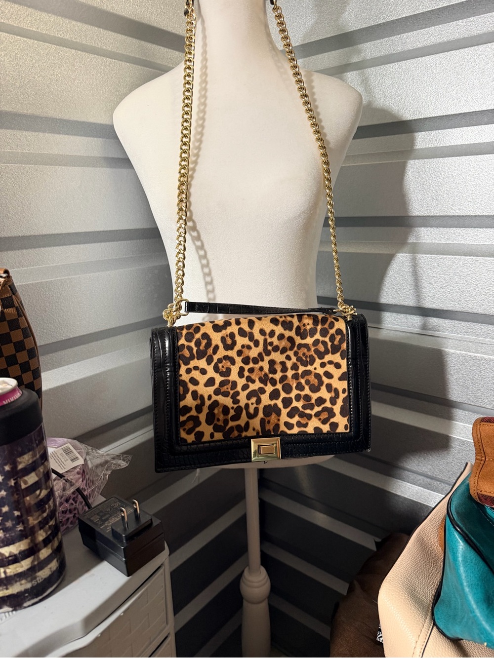 Leopard Print Crossbody Bag with Black Trim and Gold Chain